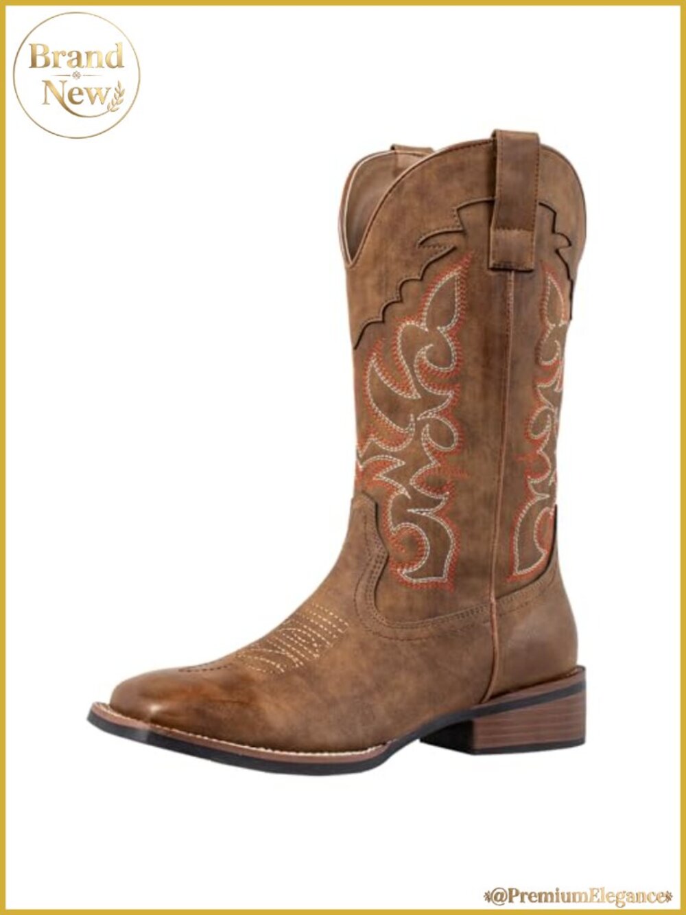 Women's Square Toe Cowgirl Boots Mid Calf Chunky Heel Faux Leather Western Boots